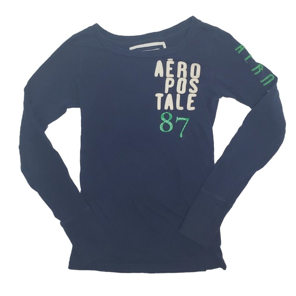 Aéropostale Dark Blue Long Sleeved Shirt Fitted Vintage Top size Medium 90s vtg